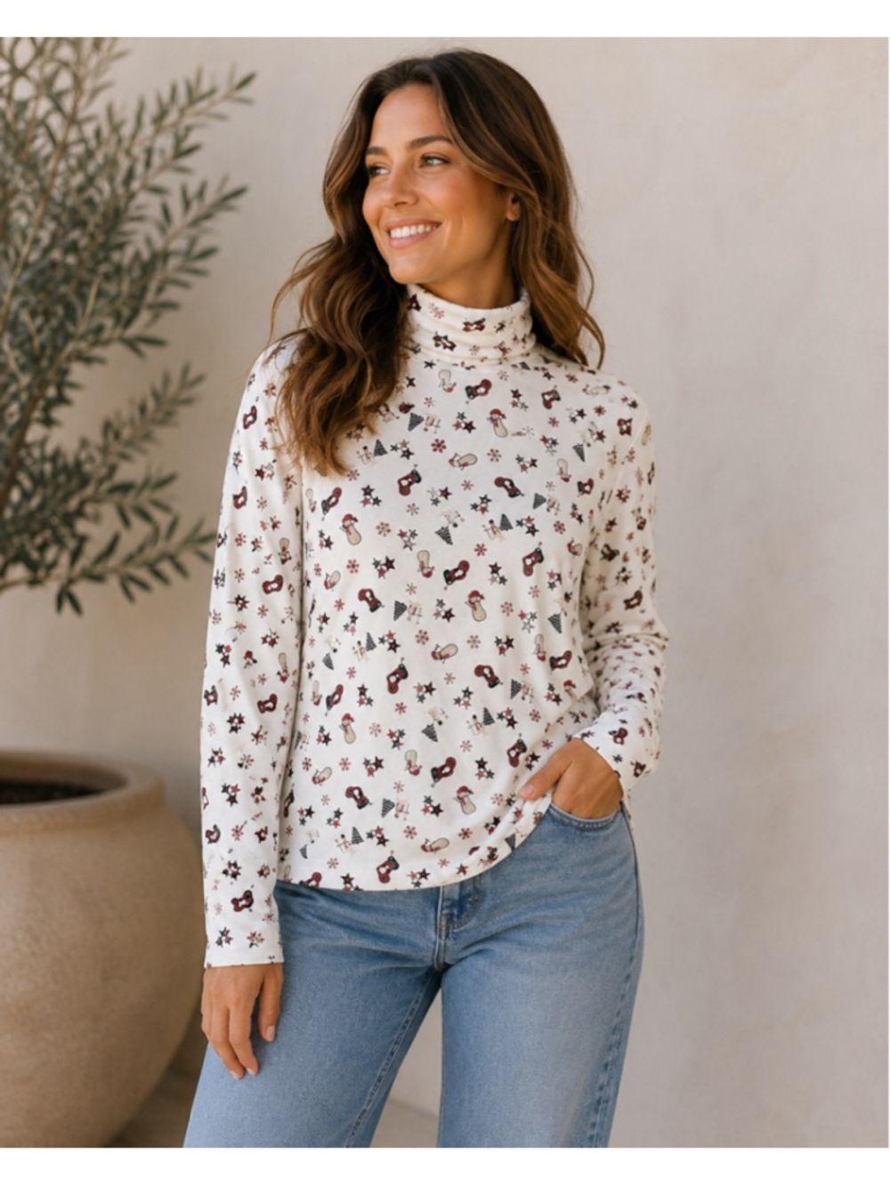 Women's Talbots Long Sleeve Tee M White Red Christmas Print Summer